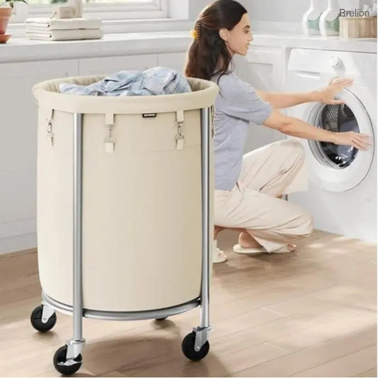 Laundry Basket with Wheels – Rolling Hamper, Steel Frame, Removable Bag, Round Organizer