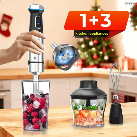 15-Speed Immersion Blender 800W, Stainless Steel Stick with Whisk, Milk Frother, Masher, Blending Cup & Chopping Bowl - Perfect Kitchen Gift